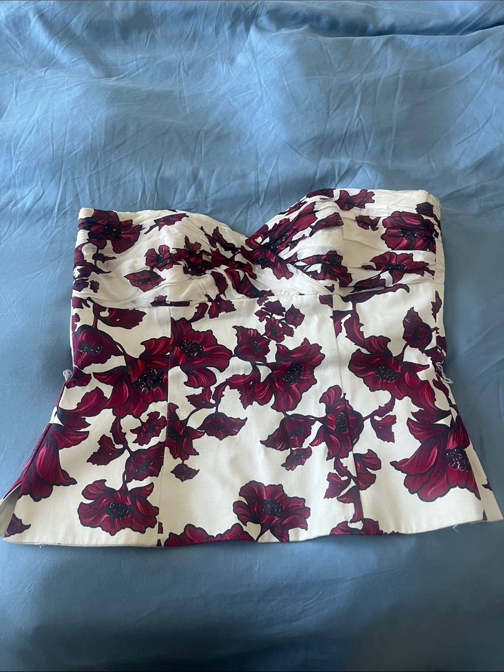 Strapless Floral Bustier Crop Top - White with Burgundy Floral Print